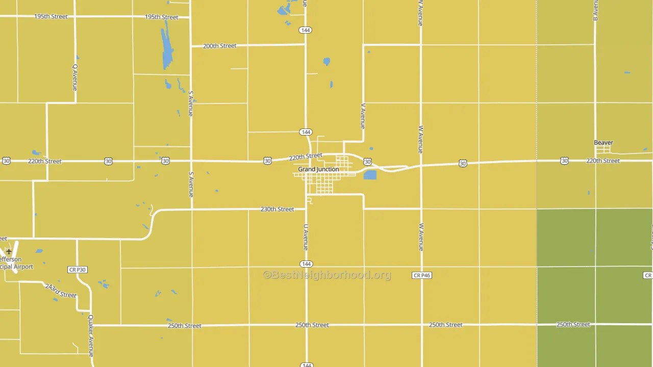 Map of the best neighborhoods in the Grand Junction area, with better matches in green and worse matches in red