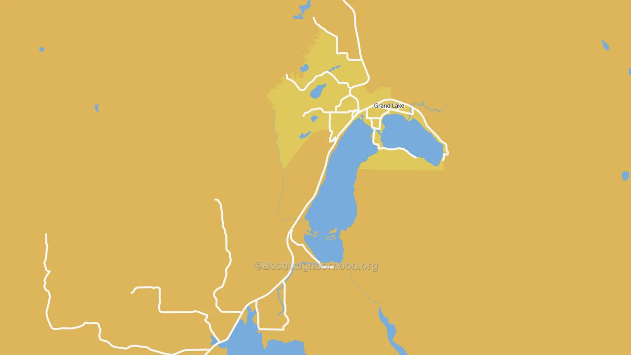 Map of the best neighborhoods in the Grand Lake area, with better matches in green and worse matches in red
