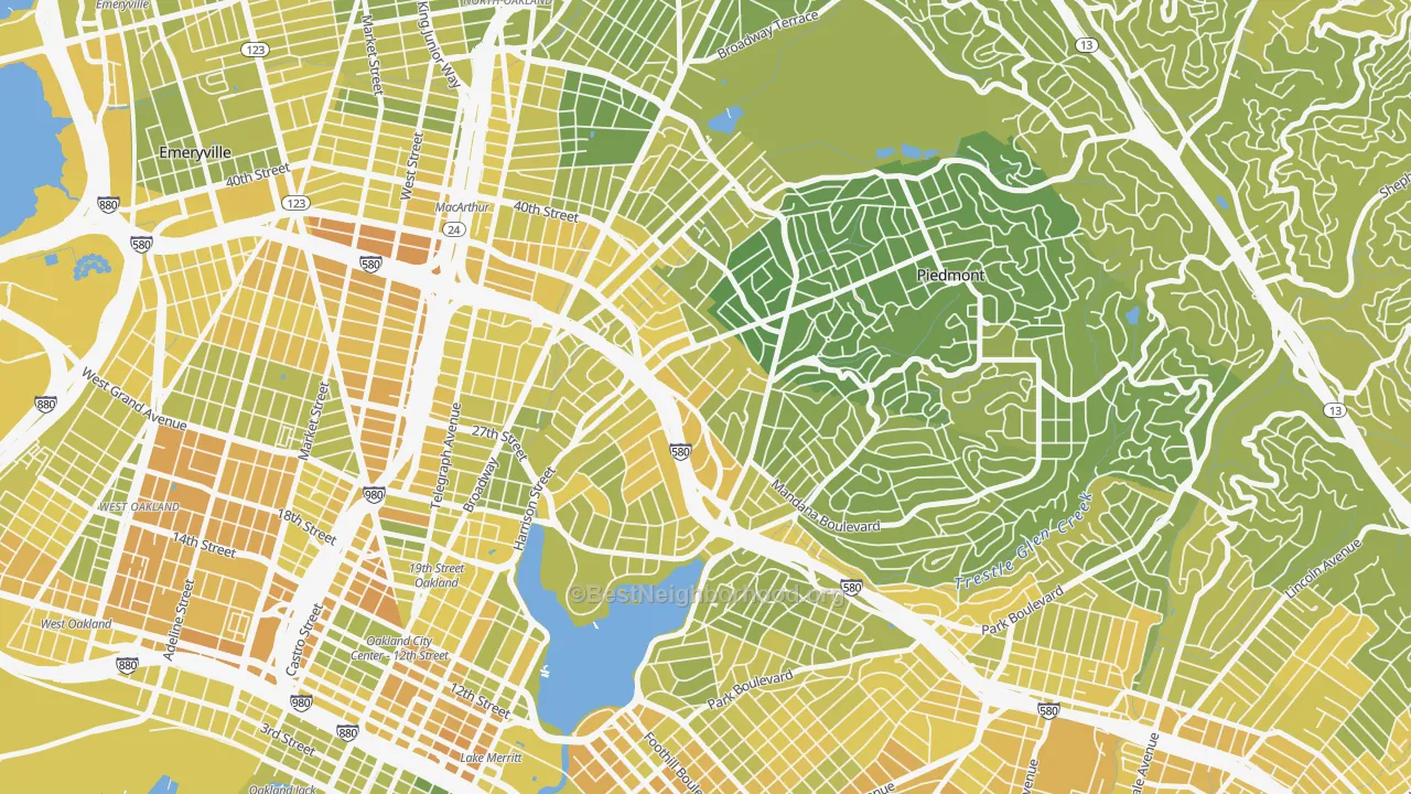 Map of the best neighborhoods in the Grand Lake, Oakland area, with better matches in green and worse matches in red