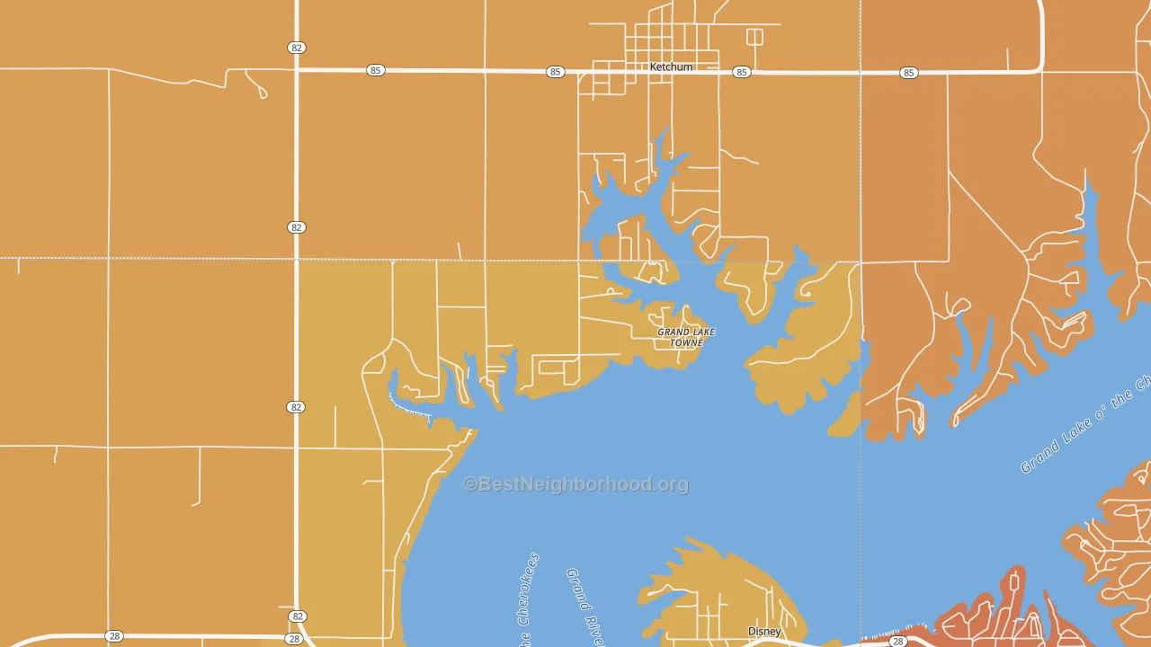 Map of the best neighborhoods in the Grand Lake Towne area, with better matches in green and worse matches in red