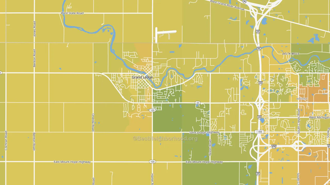 Map of the best neighborhoods in the Grand Ledge area, with better matches in green and worse matches in red