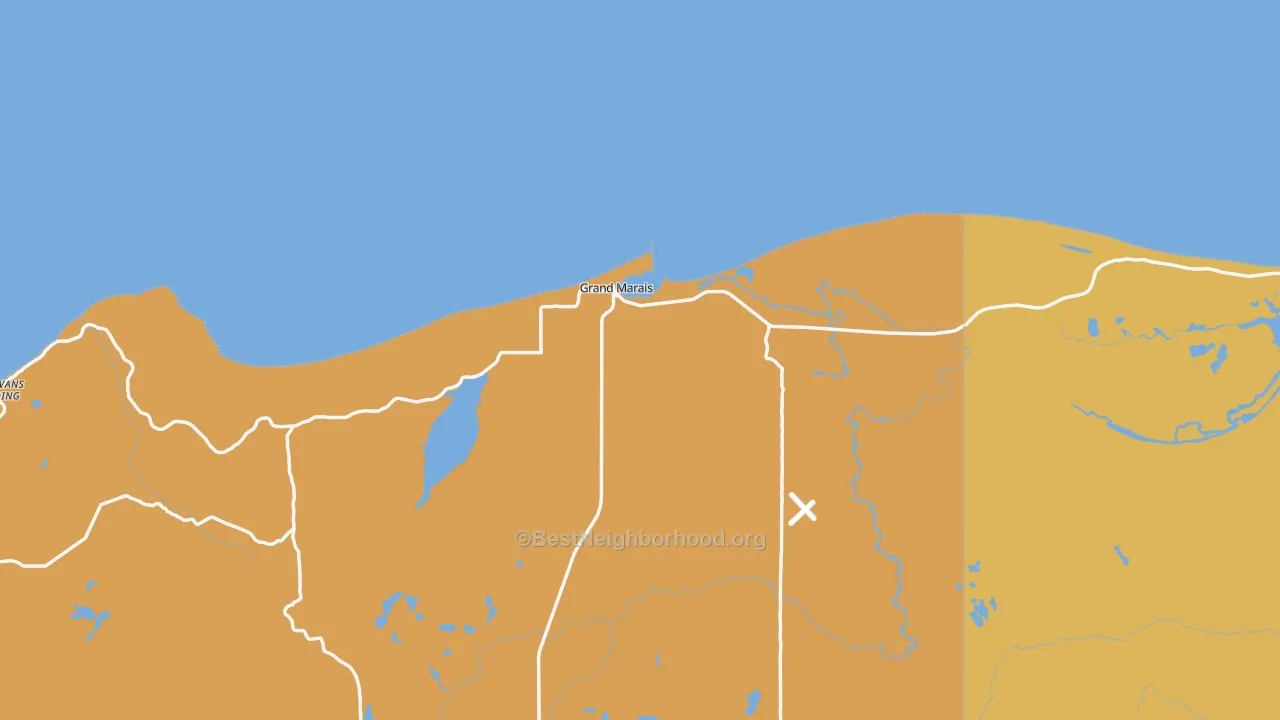 Map of the best neighborhoods in the Grand Marais area, with better matches in green and worse matches in red