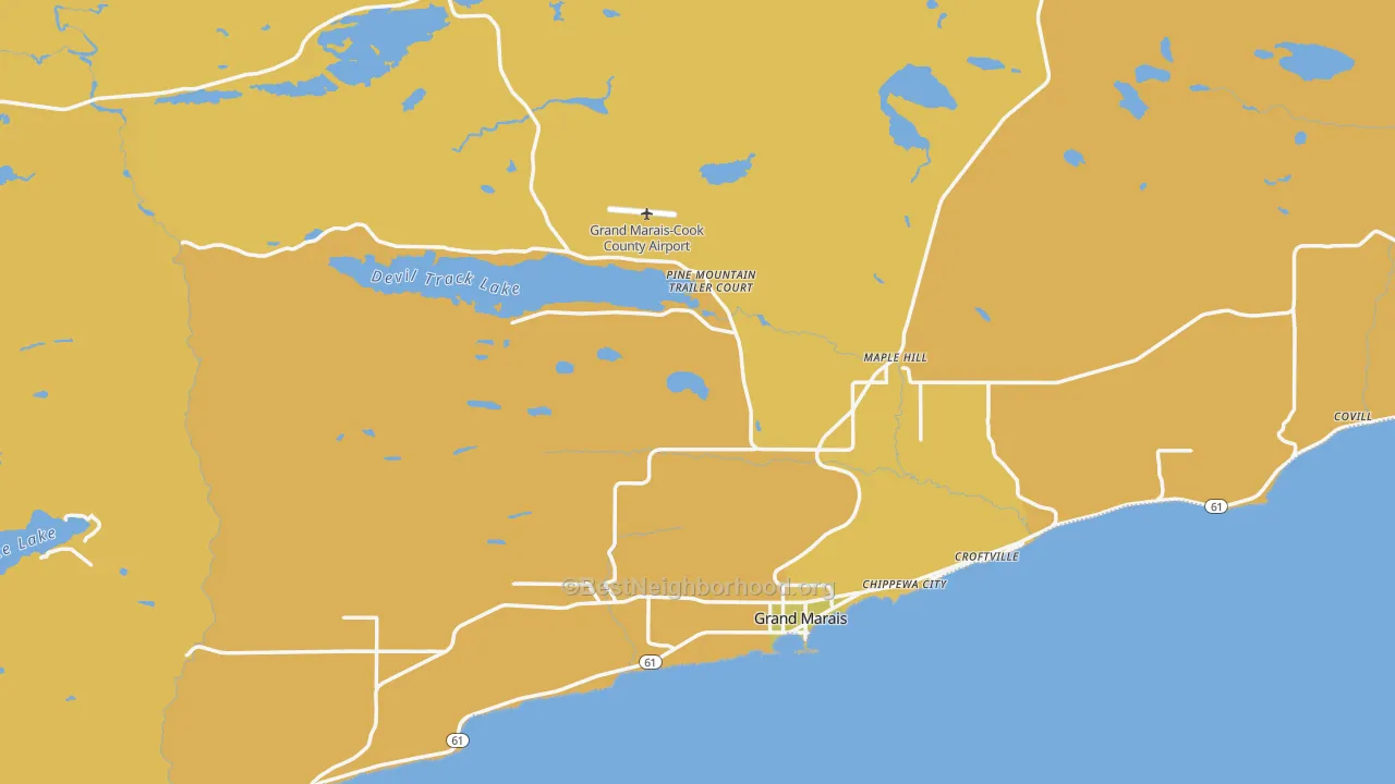 Map of the best neighborhoods in the Grand Marais area, with better matches in green and worse matches in red