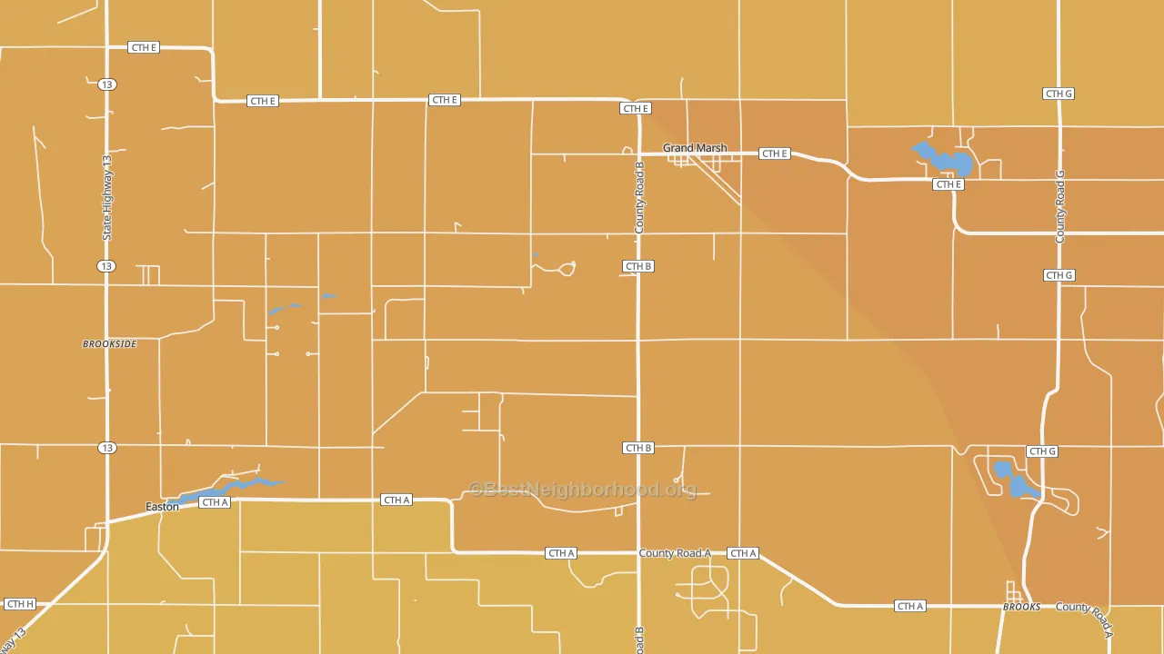 Map of the best neighborhoods in the Grand Marsh area, with better matches in green and worse matches in red