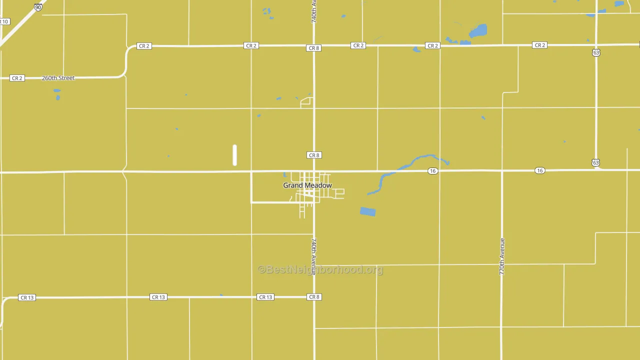 Map of the best neighborhoods in the Grand Meadow area, with better matches in green and worse matches in red