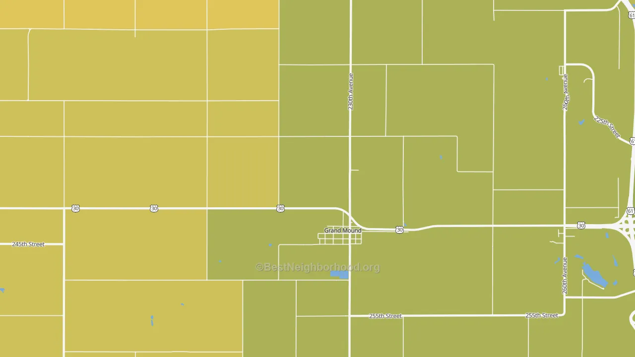 Map of the best neighborhoods in the Grand Mound area, with better matches in green and worse matches in red