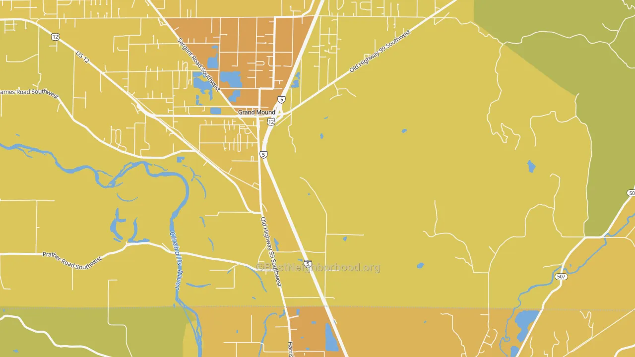 Map of the best neighborhoods in the Grand Mound area, with better matches in green and worse matches in red