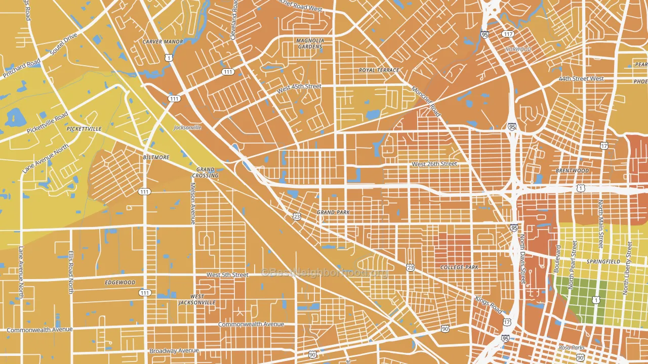 Map of the best neighborhoods in the Grand Park, Jacksonville area, with better matches in green and worse matches in red