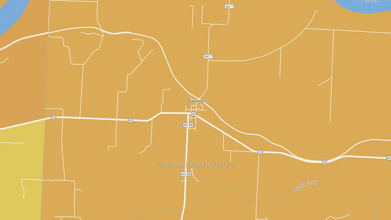 Map of the best neighborhoods in the Grand Pass area, with better matches in green and worse matches in red