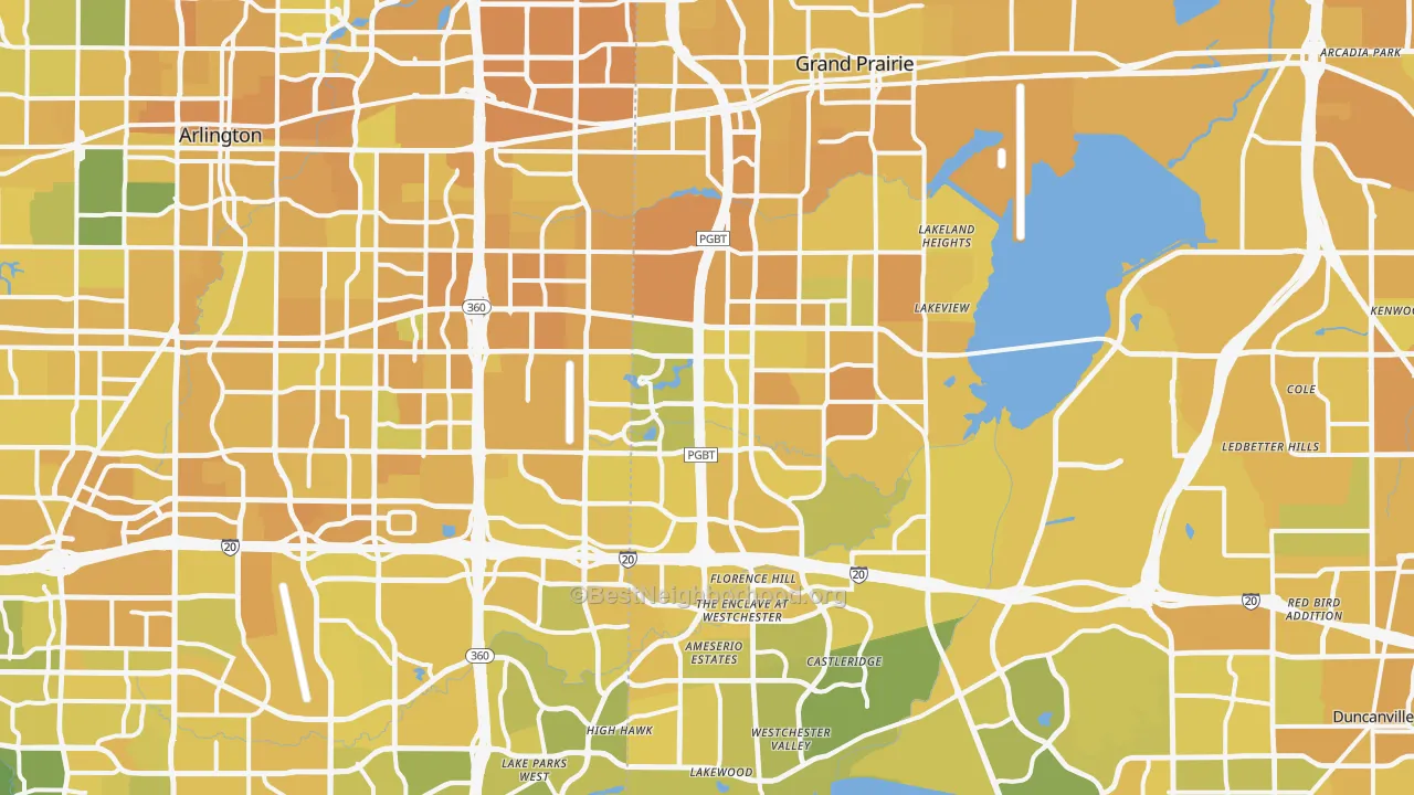 Map of the best neighborhoods in the Grand Prairie area, with better matches in green and worse matches in red