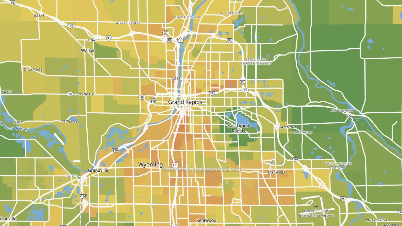 Map of the best neighborhoods in the Grand Rapids Metro area, with better matches in green and worse matches in red