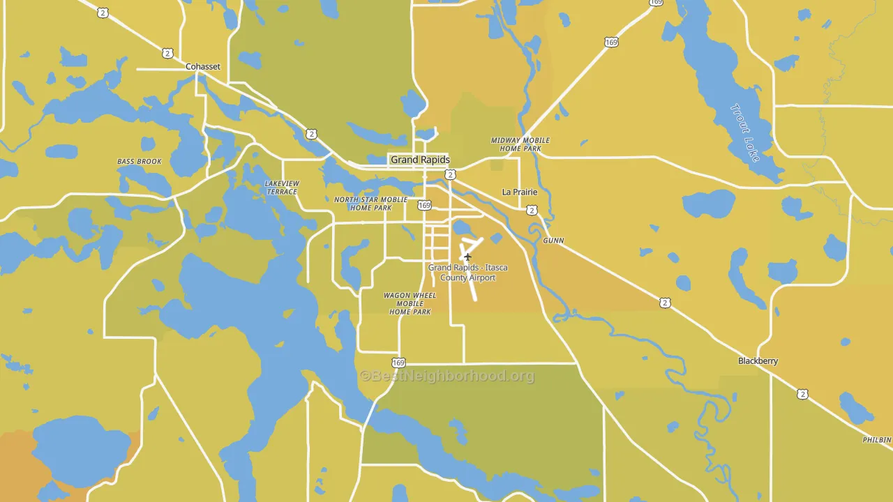 Map of the best neighborhoods in the Grand Rapids area, with better matches in green and worse matches in red
