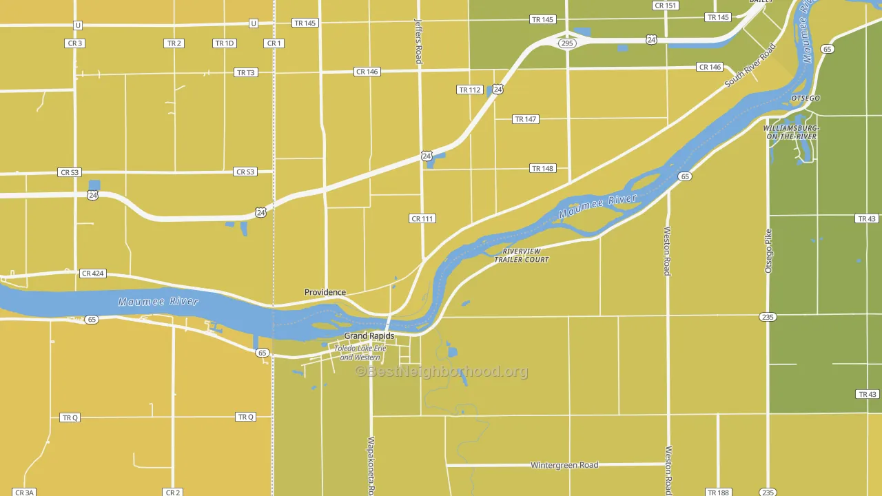 Map of the best neighborhoods in the Grand Rapids area, with better matches in green and worse matches in red