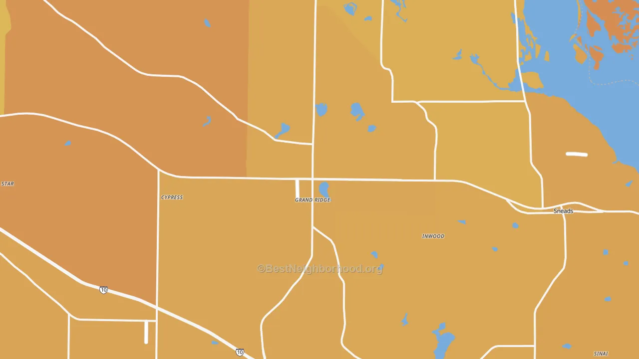 Map of the best neighborhoods in the Grand Ridge area, with better matches in green and worse matches in red