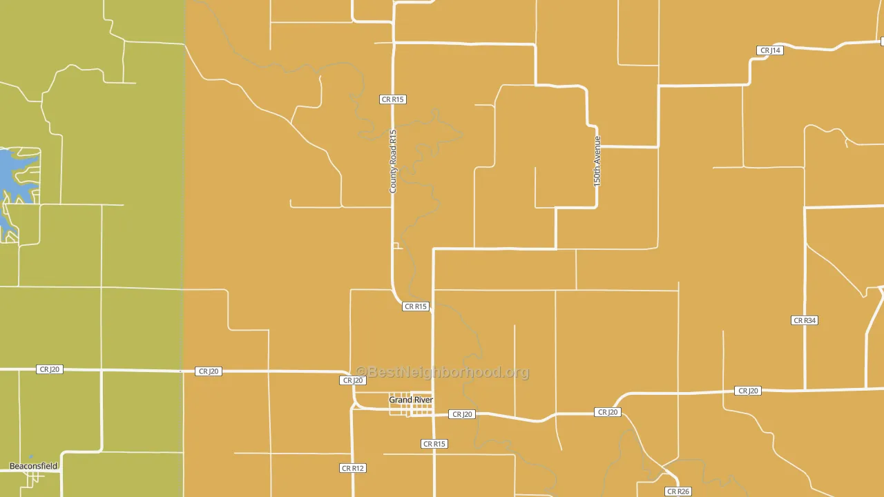 Map of the best neighborhoods in the Grand River area, with better matches in green and worse matches in red