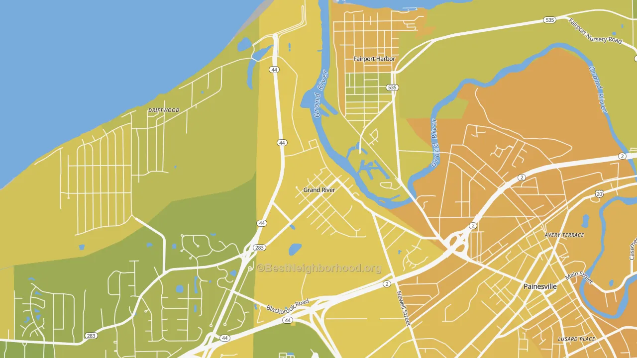 Map of the best neighborhoods in the Grand River area, with better matches in green and worse matches in red