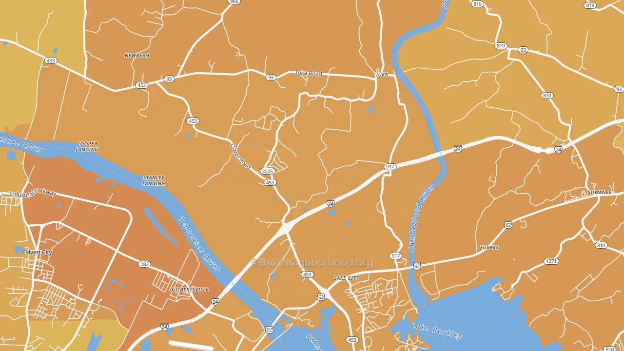 Map of the best neighborhoods in the Grand Rivers area, with better matches in green and worse matches in red