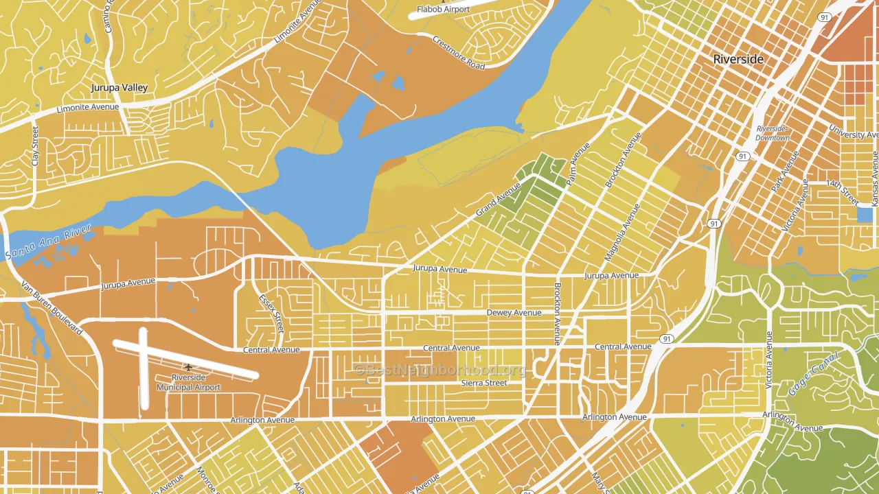 Map of the best neighborhoods in the Grand, Riverside area, with better matches in green and worse matches in red