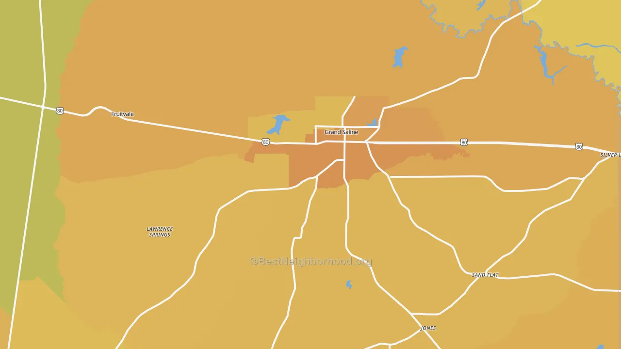 Map of the best neighborhoods in the Grand Saline area, with better matches in green and worse matches in red