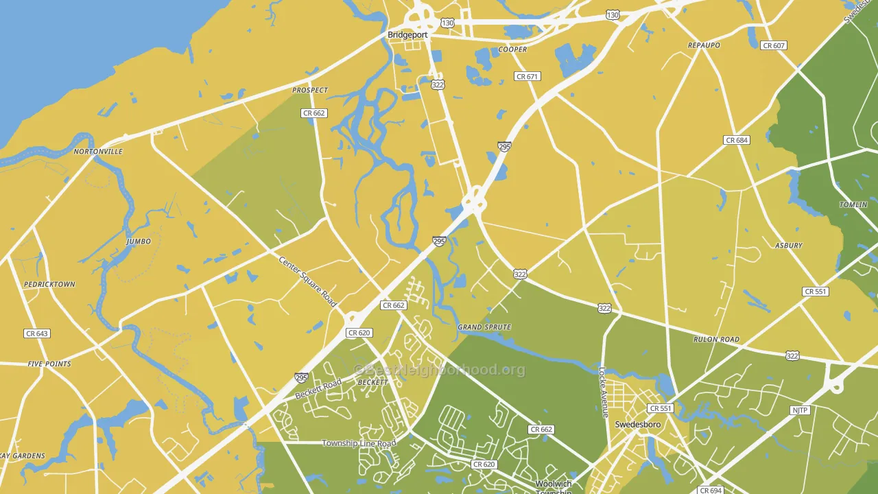Map of the best neighborhoods in the Grand Sprute area, with better matches in green and worse matches in red