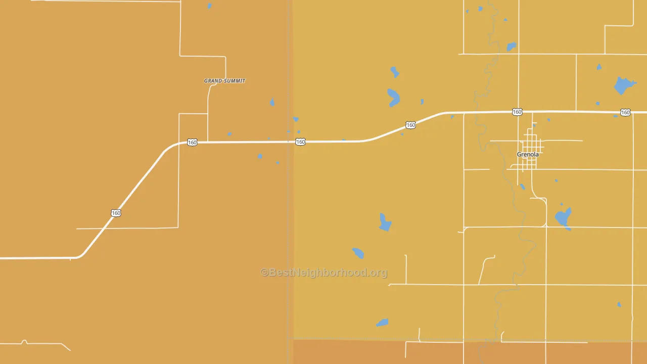 Map of the best neighborhoods in the Grand Summit area, with better matches in green and worse matches in red
