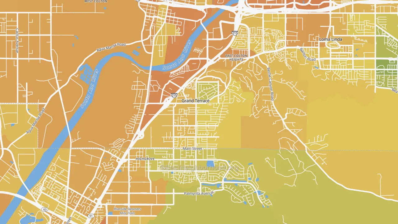 Map of the best neighborhoods in the Grand Terrace area, with better matches in green and worse matches in red