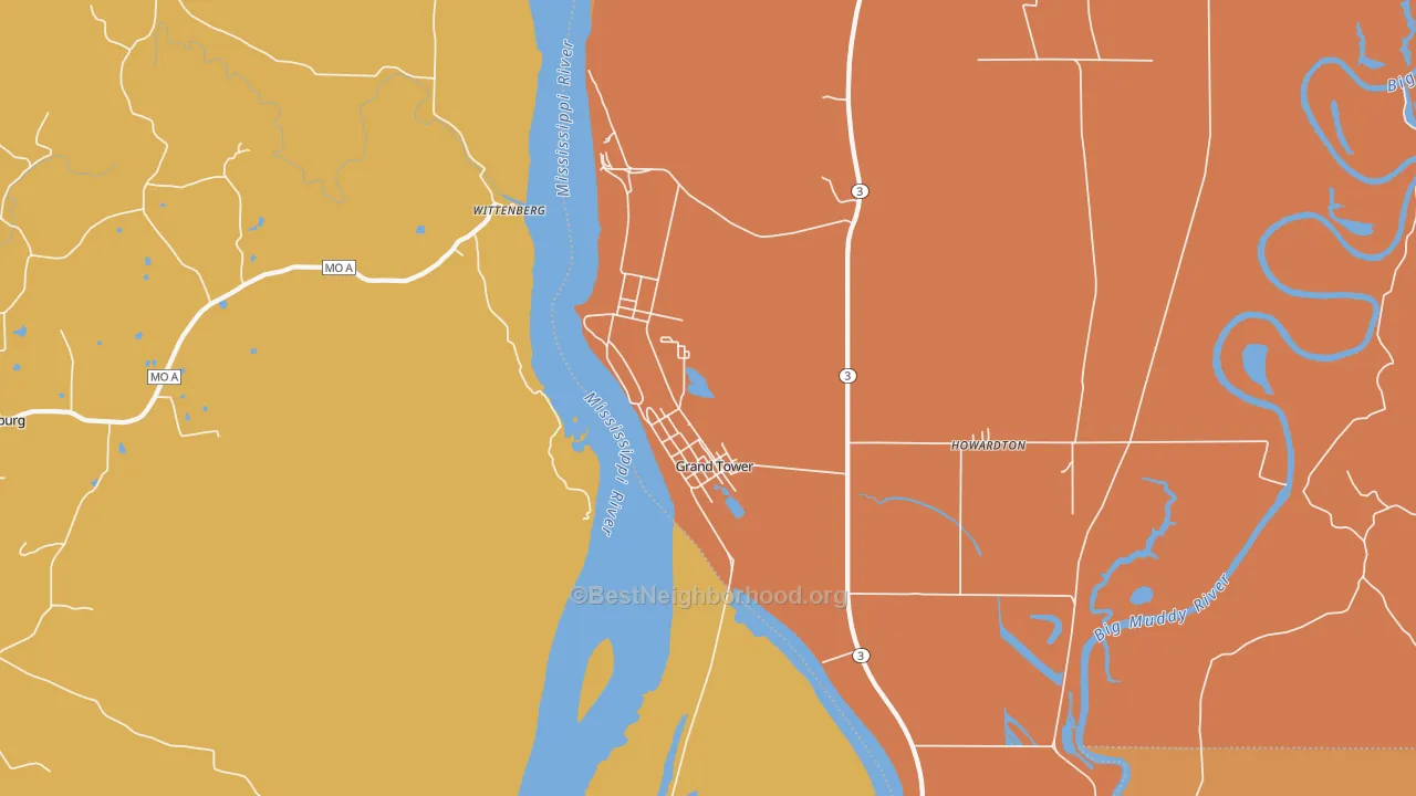 Map of the best neighborhoods in the Grand Tower area, with better matches in green and worse matches in red