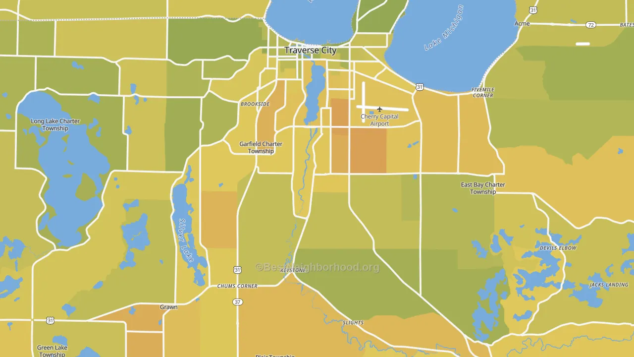 Map of the best neighborhoods in the Grand Traverse County area, with better matches in green and worse matches in red