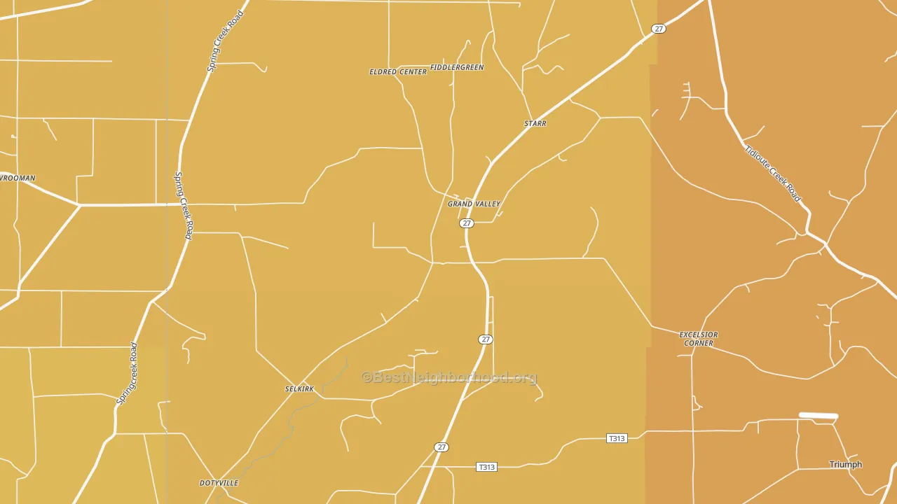 Map of the best neighborhoods in the Grand Valley area, with better matches in green and worse matches in red