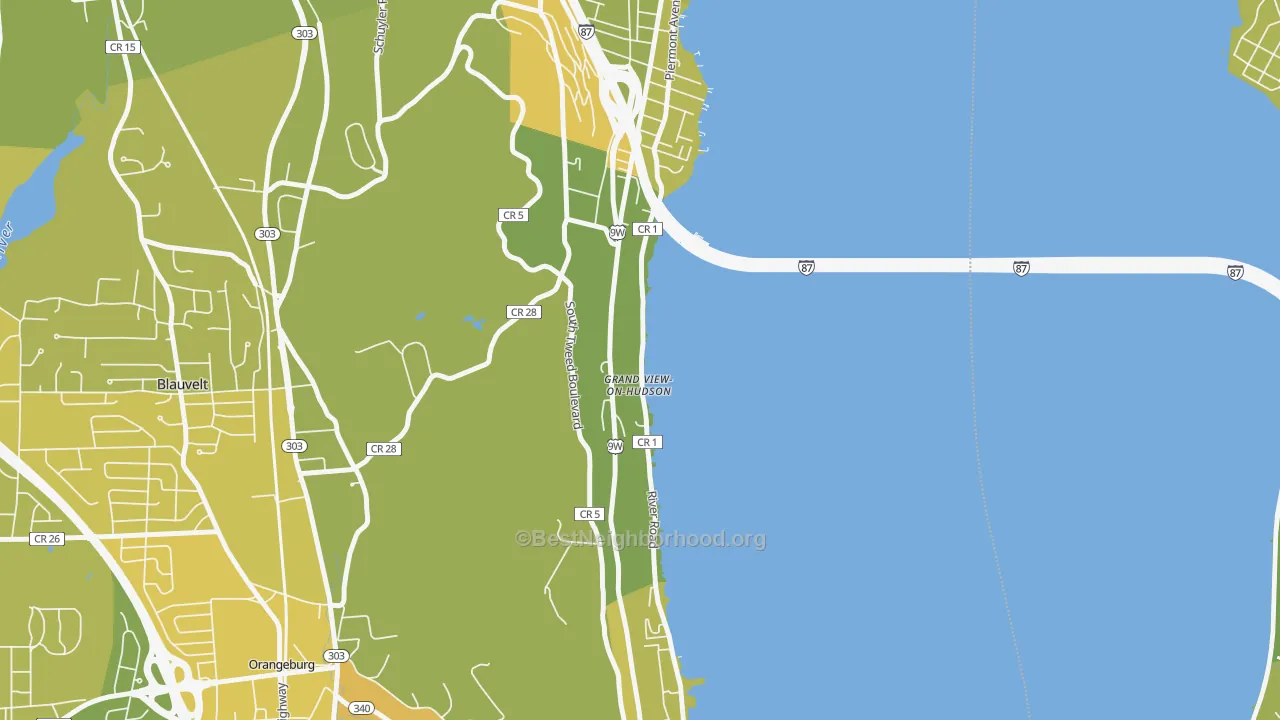 Map of the best neighborhoods in the Grand View-on-Hudson area, with better matches in green and worse matches in red