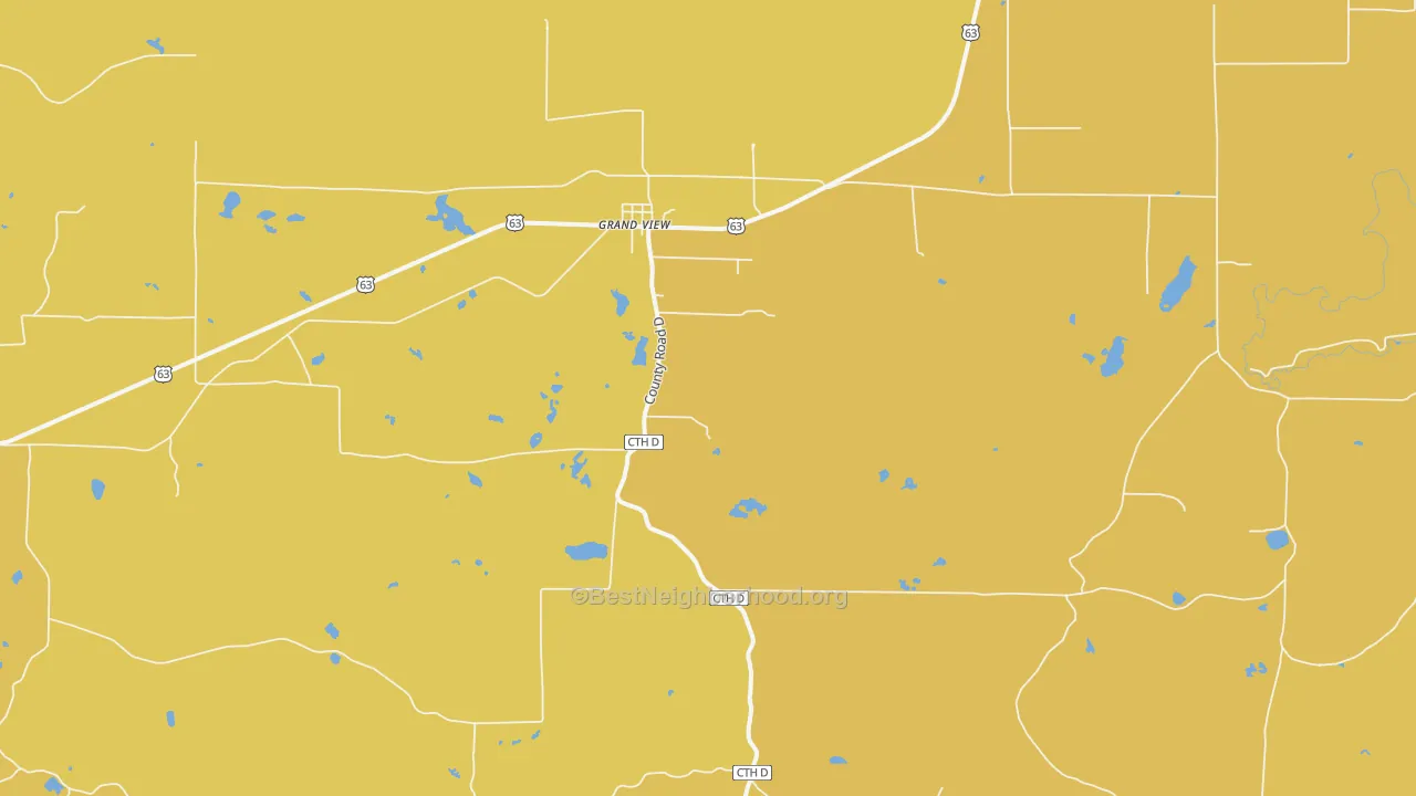 Map of the best neighborhoods in the Grand View area, with better matches in green and worse matches in red