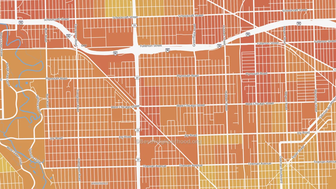 Map of the best neighborhoods in the Grandale, Detroit area, with better matches in green and worse matches in red
