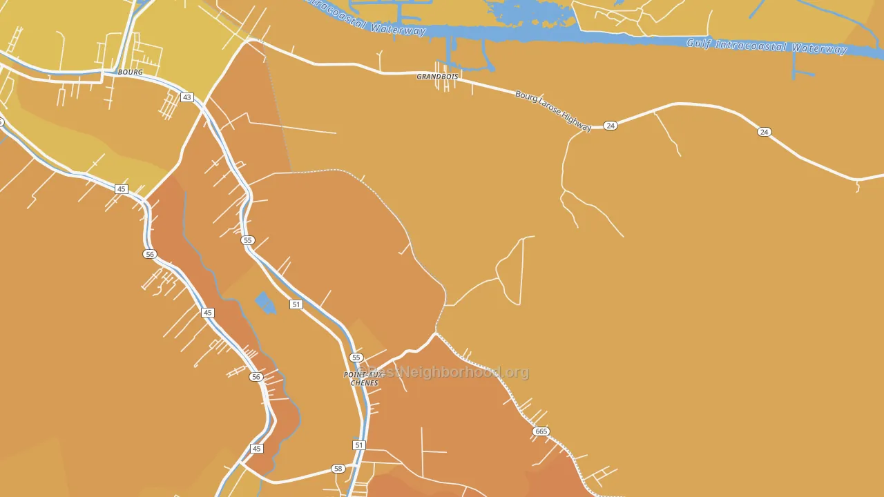 Map of the best neighborhoods in the Grandbois area, with better matches in green and worse matches in red