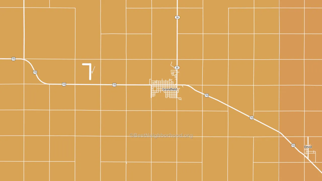 Map of the best neighborhoods in the Grandfield area, with better matches in green and worse matches in red