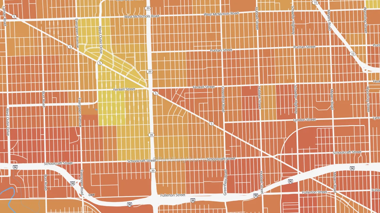 Map of the best neighborhoods in the Grandmont-Rosedale, Detroit area, with better matches in green and worse matches in red