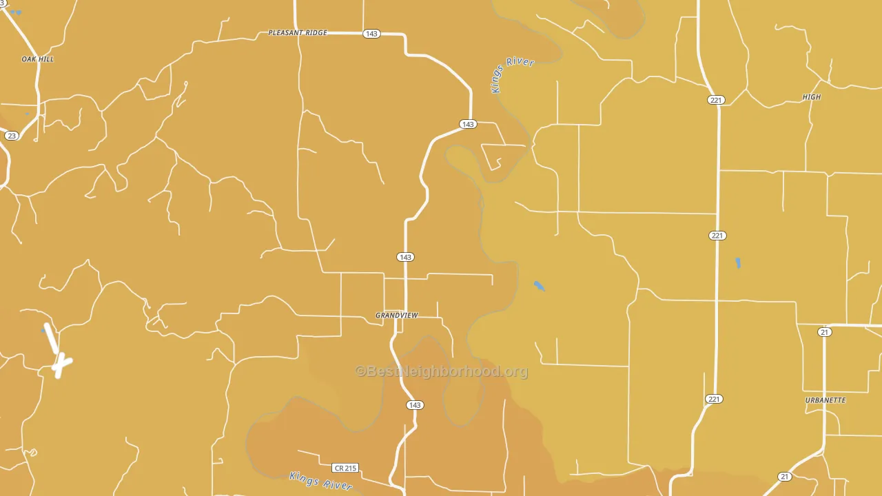 Map of the best neighborhoods in the Grandview area, with better matches in green and worse matches in red