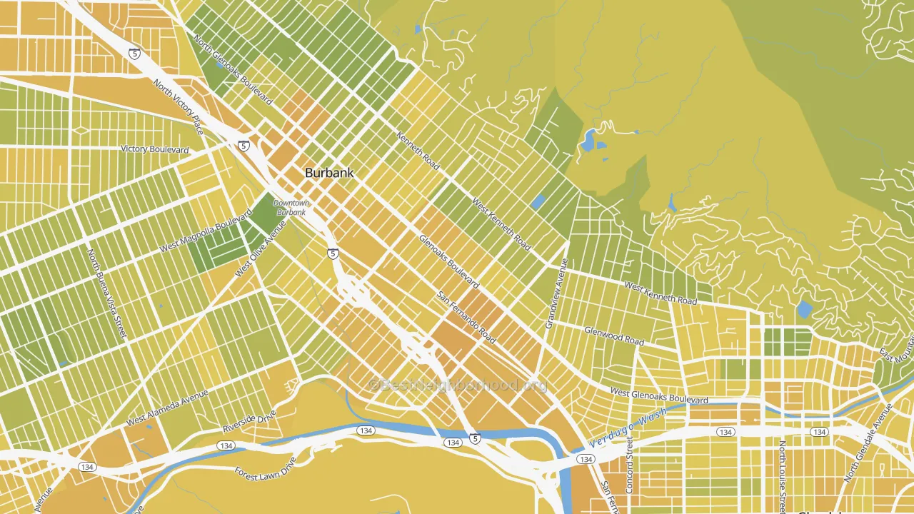 Map of the best neighborhoods in the Grandview, Glendale area, with better matches in green and worse matches in red