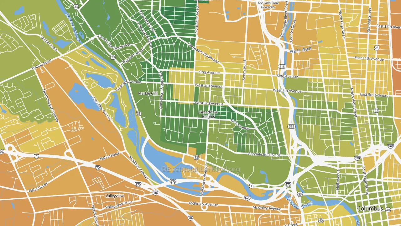 Map of the best neighborhoods in the Grandview Heights area, with better matches in green and worse matches in red