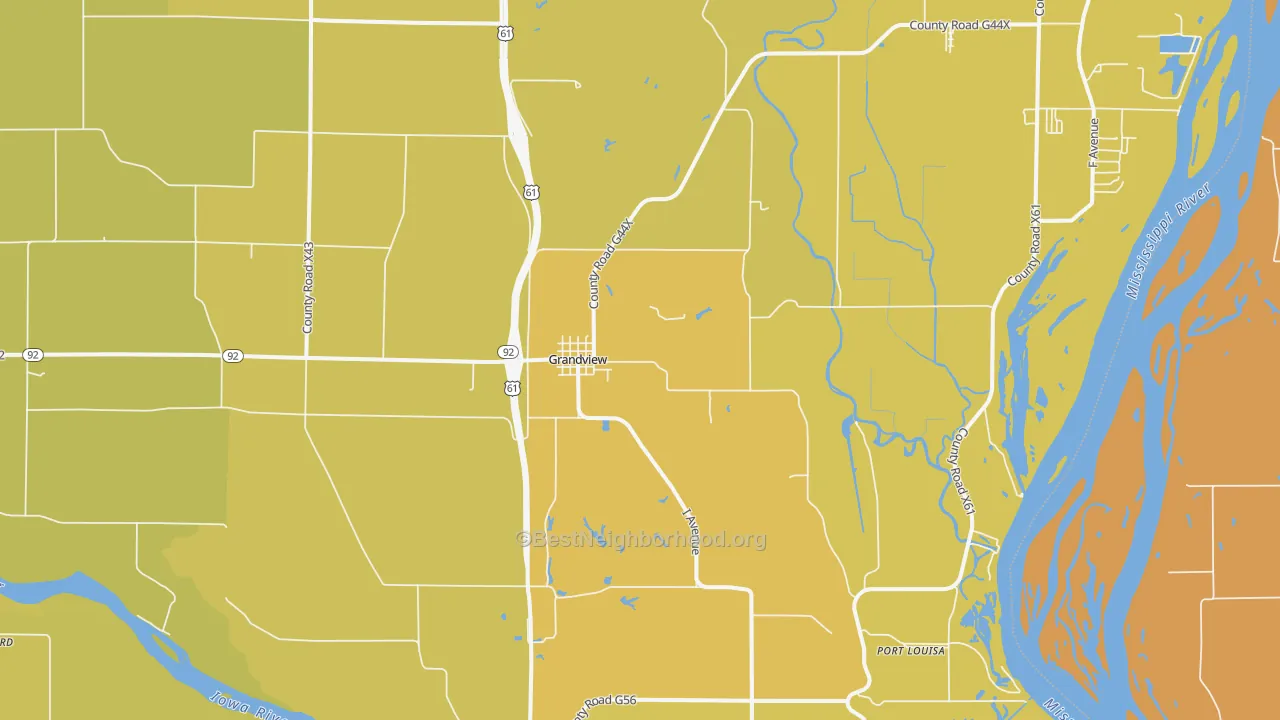 Map of the best neighborhoods in the Grandview area, with better matches in green and worse matches in red