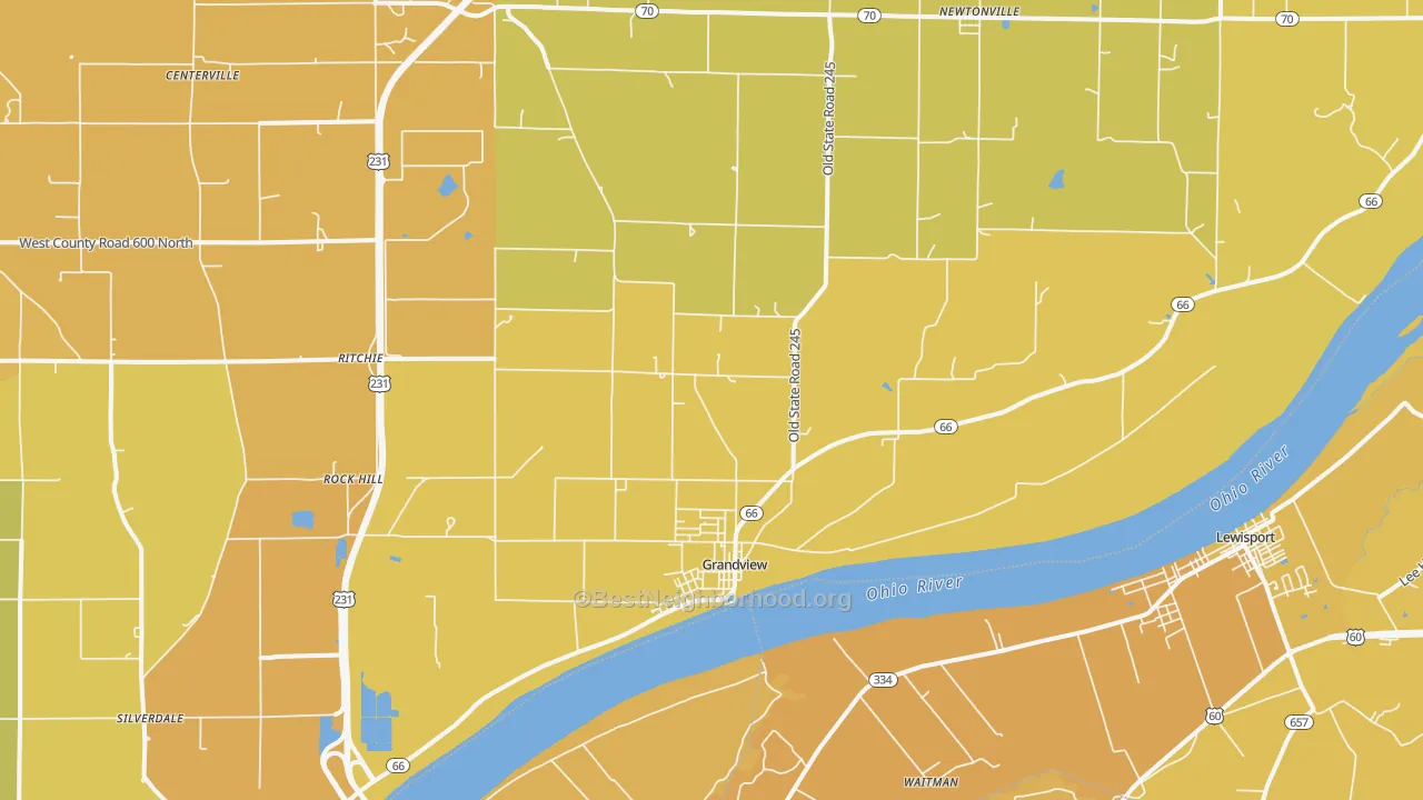 Map of the best neighborhoods in the Grandview area, with better matches in green and worse matches in red