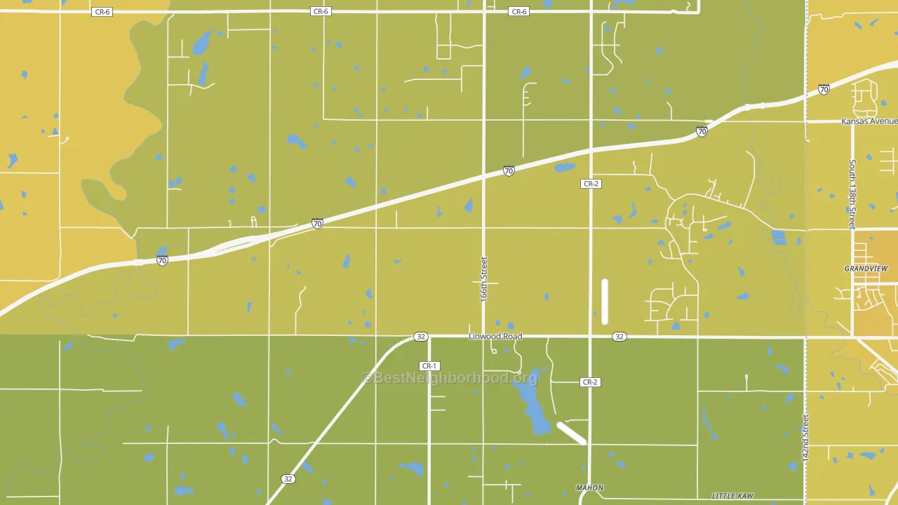 Map of the best neighborhoods in the Grandview area, with better matches in green and worse matches in red