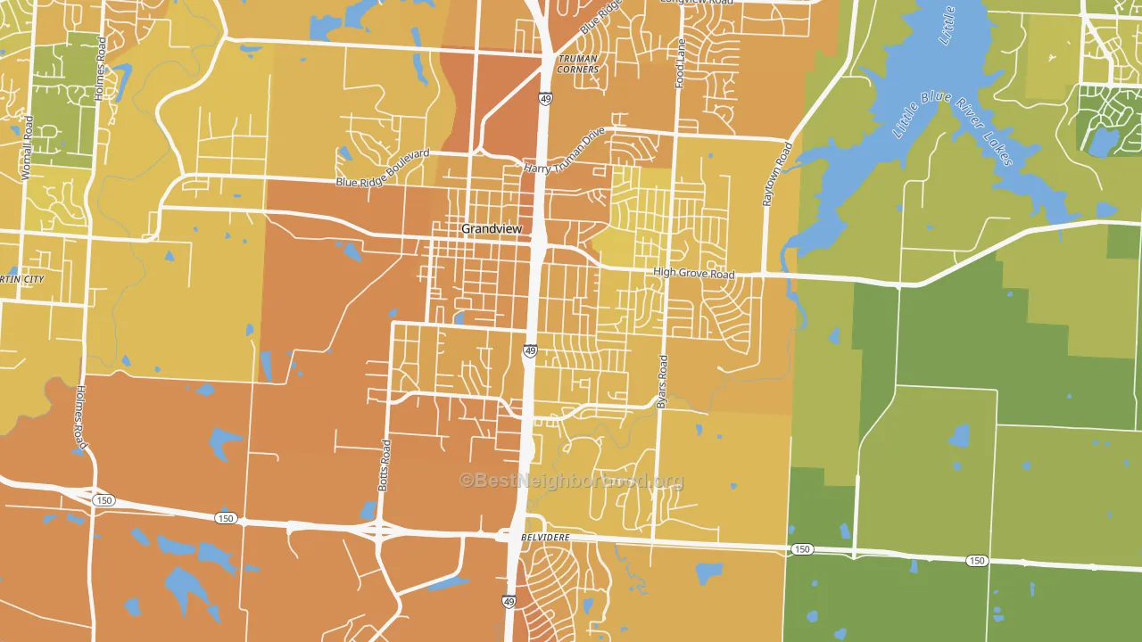 Map of the best neighborhoods in the Grandview area, with better matches in green and worse matches in red