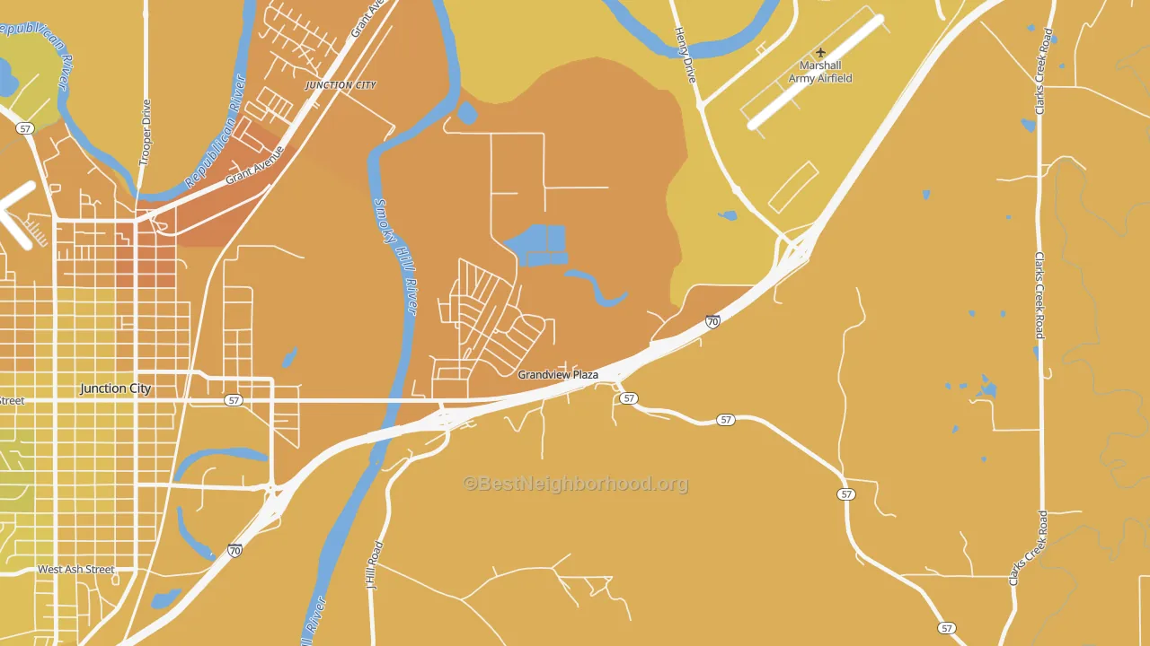Map of the best neighborhoods in the Grandview Plaza area, with better matches in green and worse matches in red