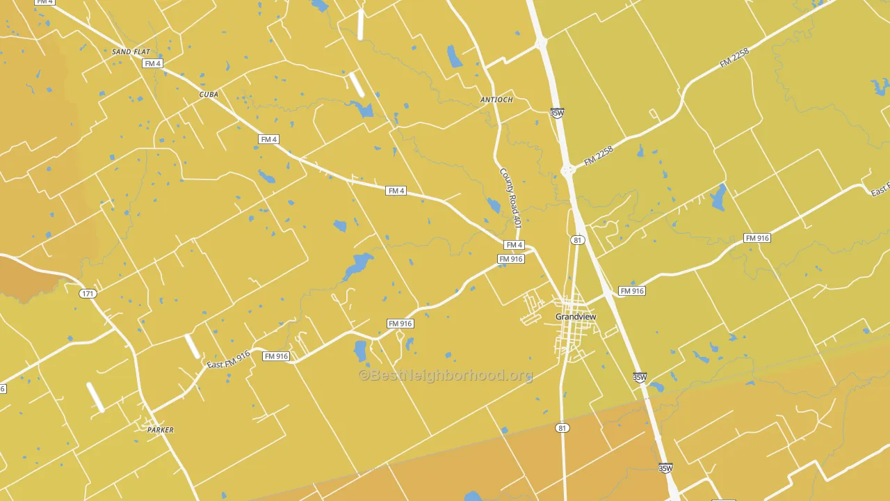 Map of the best neighborhoods in the Grandview area, with better matches in green and worse matches in red