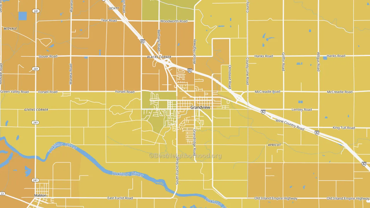 Map of the best neighborhoods in the Grandview area, with better matches in green and worse matches in red