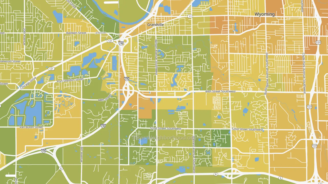 Map of the best neighborhoods in the Grandville area, with better matches in green and worse matches in red