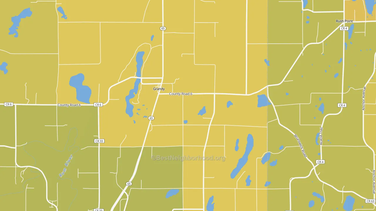 Map of the best neighborhoods in the Grandy area, with better matches in green and worse matches in red