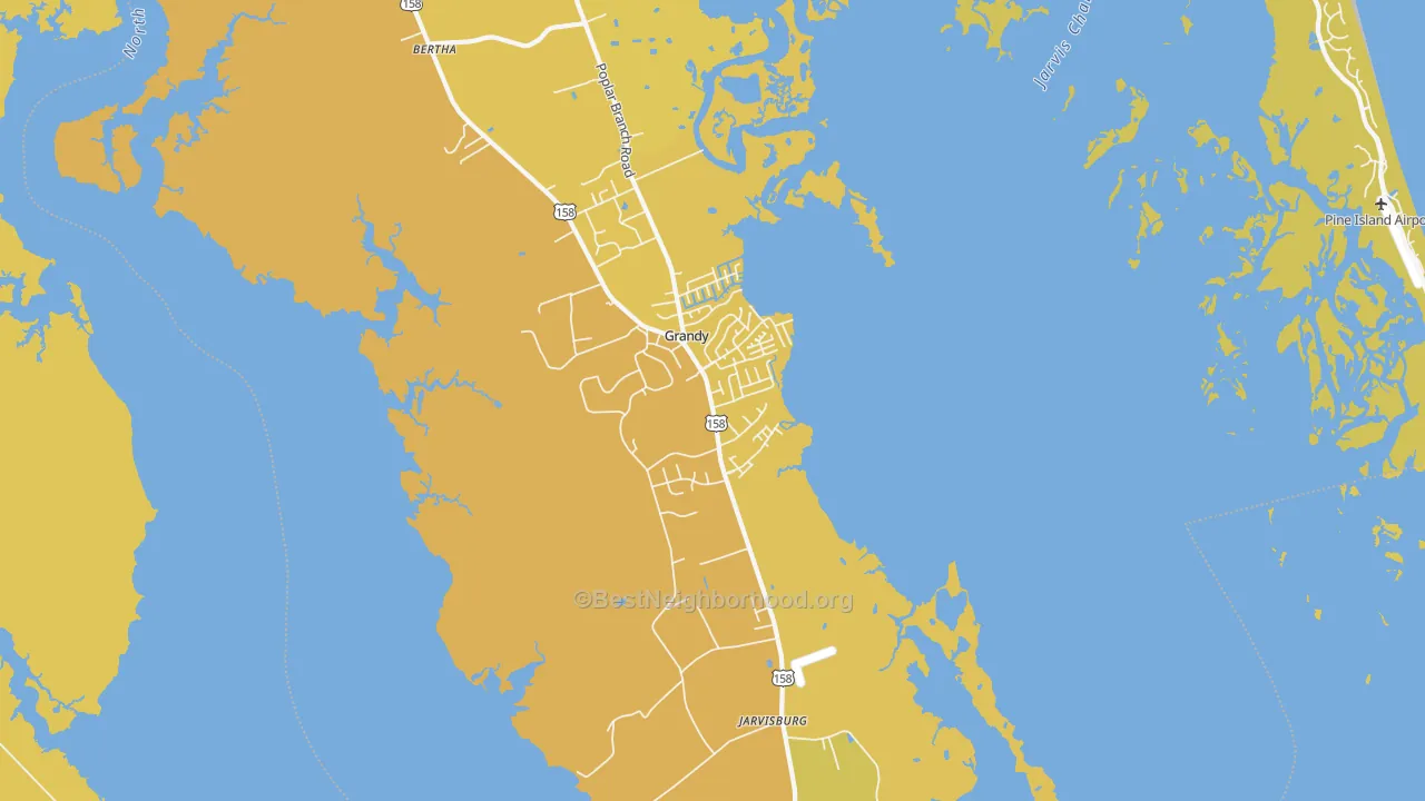 Map of the best neighborhoods in the Grandy area, with better matches in green and worse matches in red