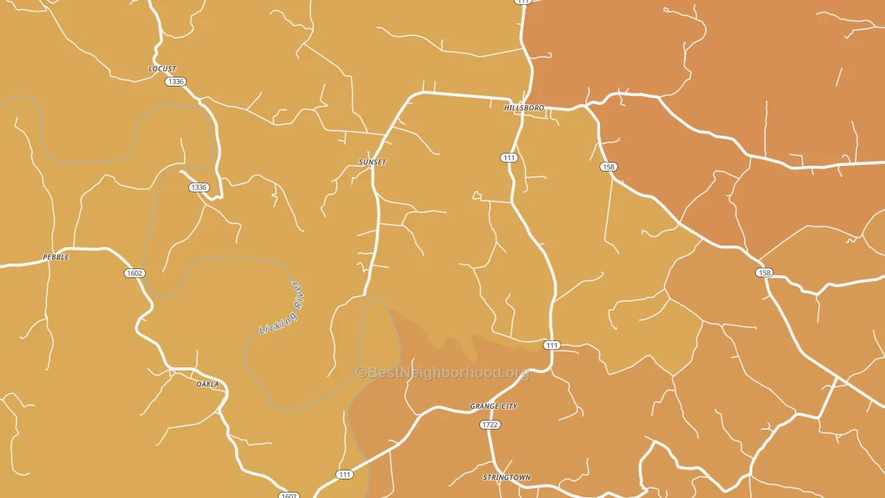 Map of the best neighborhoods in the Grange City area, with better matches in green and worse matches in red