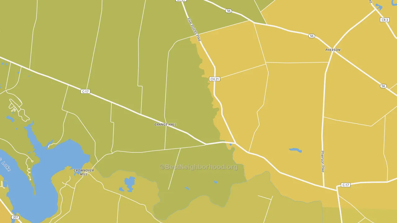 Map of the best neighborhoods in the Grange Hall area, with better matches in green and worse matches in red